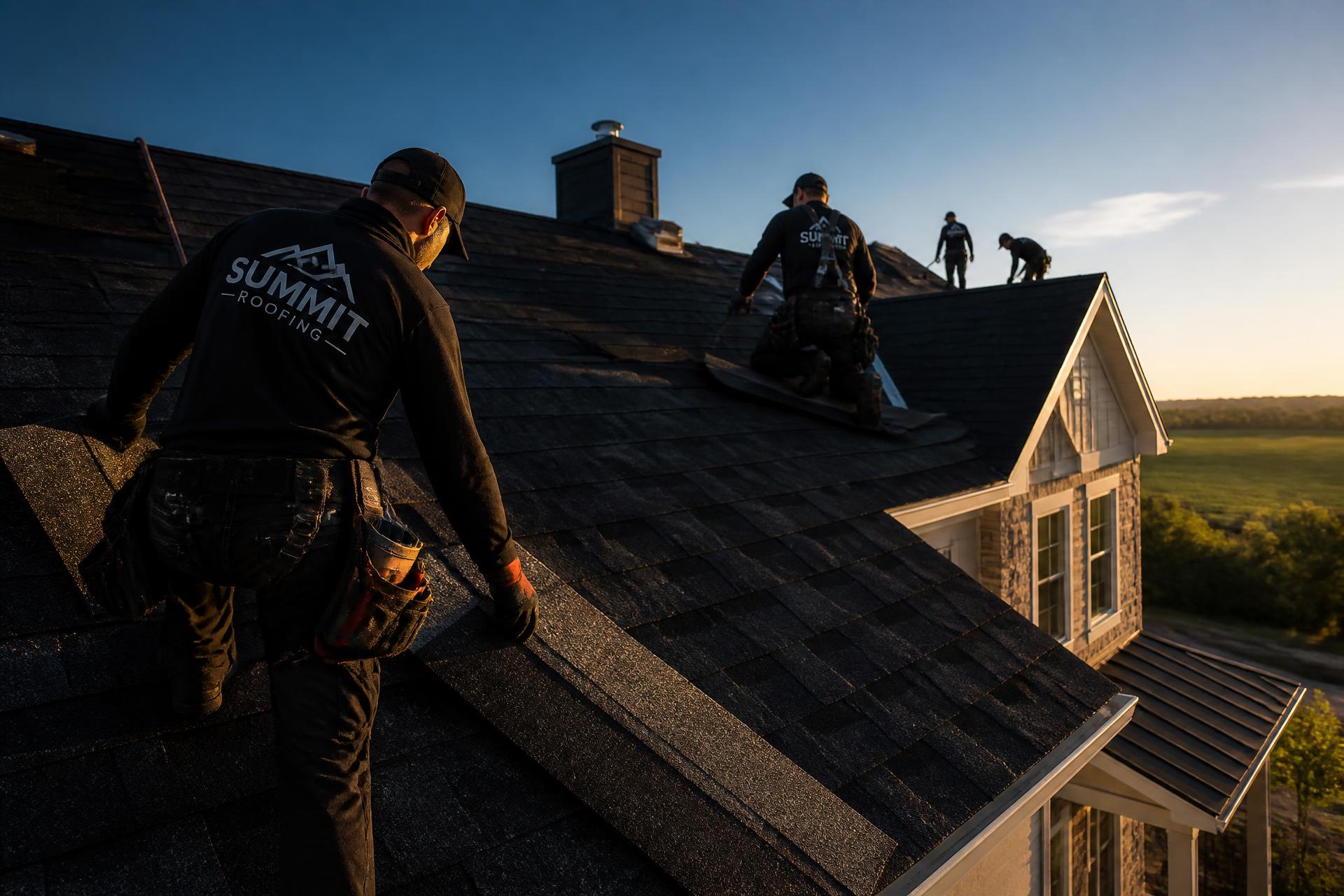 Professional roofing crew installing shingles on a residential roof in Marietta, GA